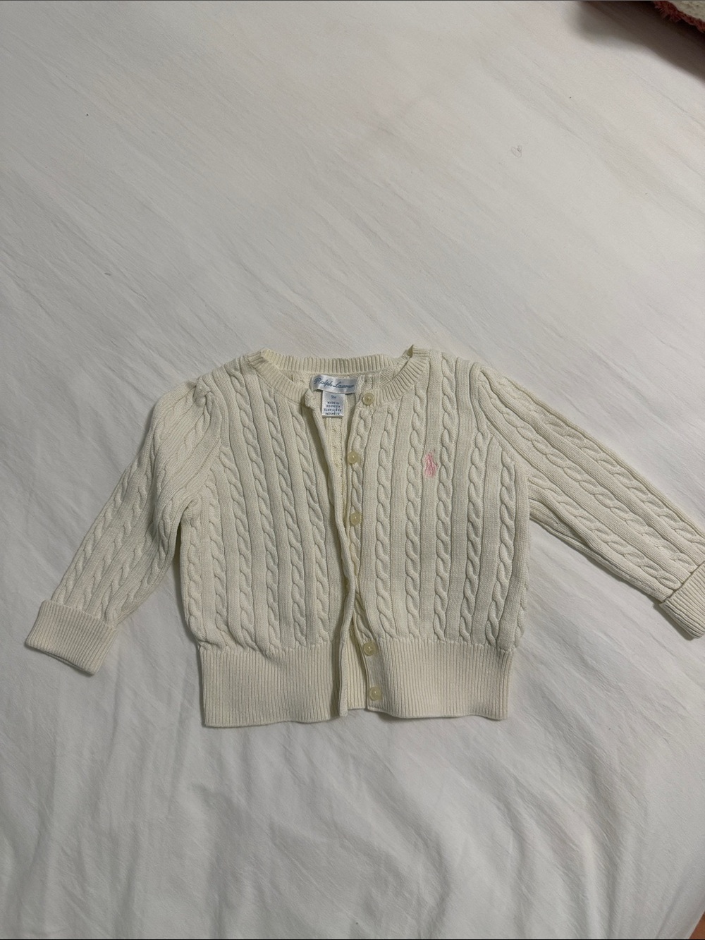 Ralph Lauren Ivory Cable-Knit Cardigan with Pink Pony - 9M